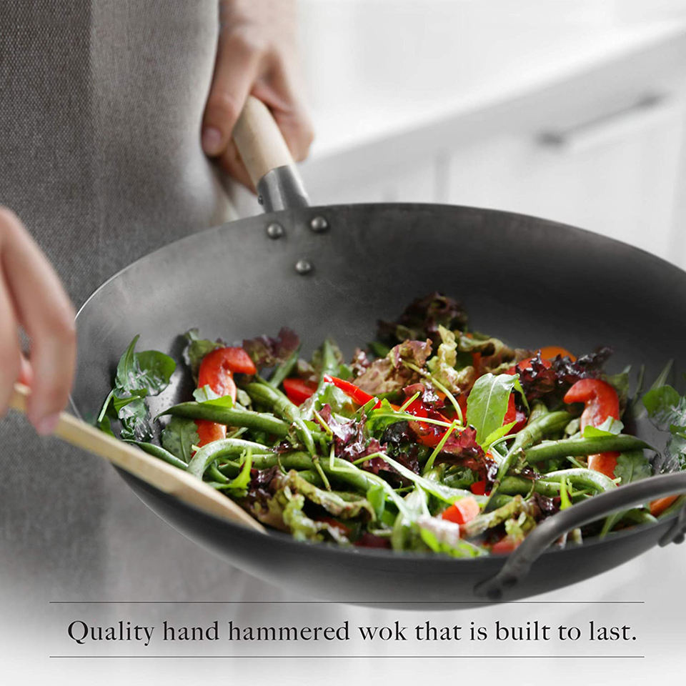 Amazon Hot-Selling Carbon Steel Wok Light Weight Gas Fire Round Bottom Carbon Steel Handle